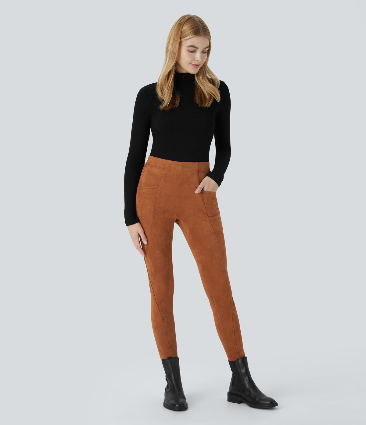High Waisted Tummy Control Side Pocket Suede Casual Leggings — Autumnal — view 7