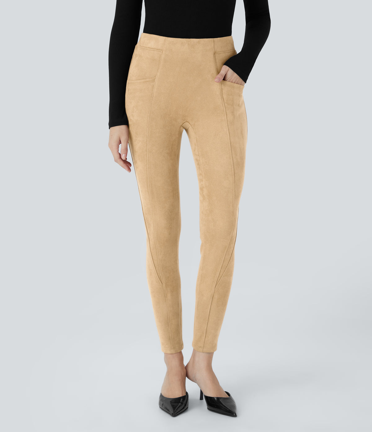 High Waisted Tummy Control Side Pocket Suede Casual Leggings — Marzipan — view 9