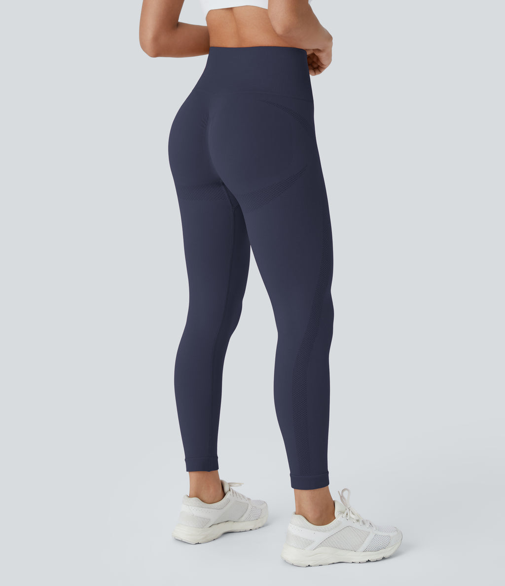 Seamless Flow High Waisted Ruched 7/8 Yoga Leggings — Peacoat — view 3