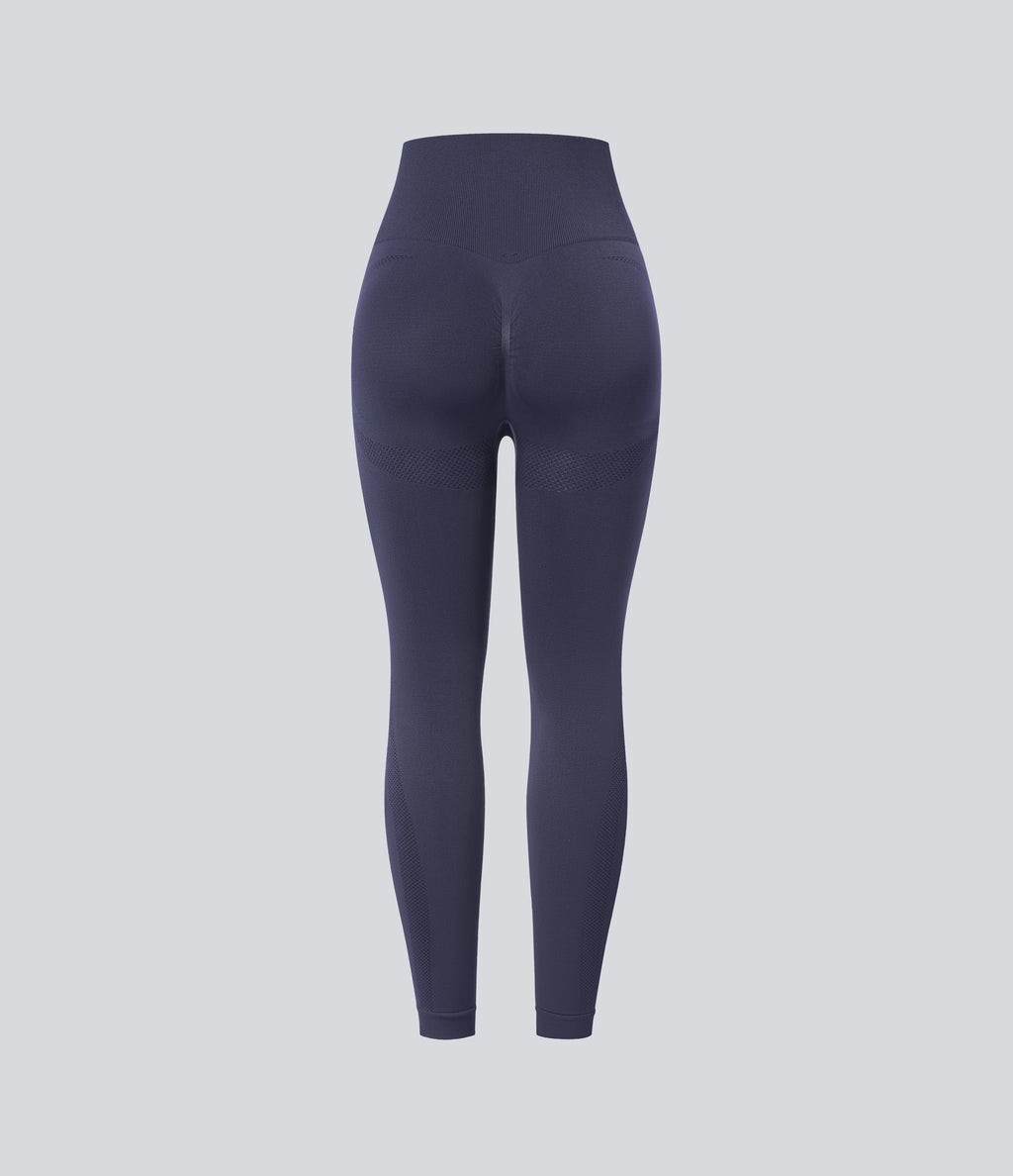 Seamless Flow High Waisted Ruched 7/8 Yoga Leggings — Peacoat — view 8
