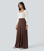 Ribbed Knit High Waisted Pleated Side Pocket Flowy Wide Leg Casual Trousers — Chocolate Fondant — view 6