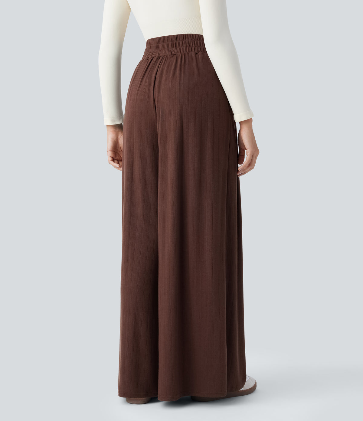 Ribbed Knit High Waisted Pleated Side Pocket Flowy Wide Leg Casual Trousers — Chocolate Fondant — view 2