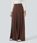 Ribbed Knit High Waisted Pleated Side Pocket Flowy Wide Leg Casual Trousers — Chocolate Fondant — view 3