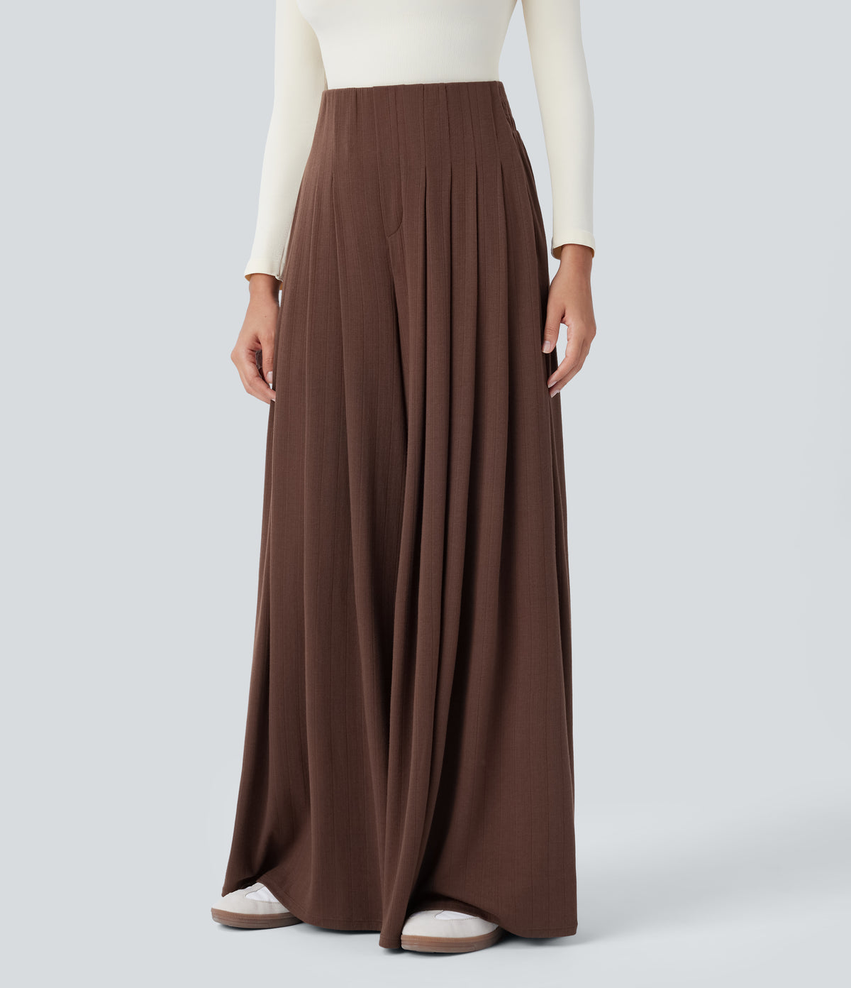Ribbed Knit High Waisted Pleated Side Pocket Flowy Wide Leg Casual Trousers — Chocolate Fondant — view 3