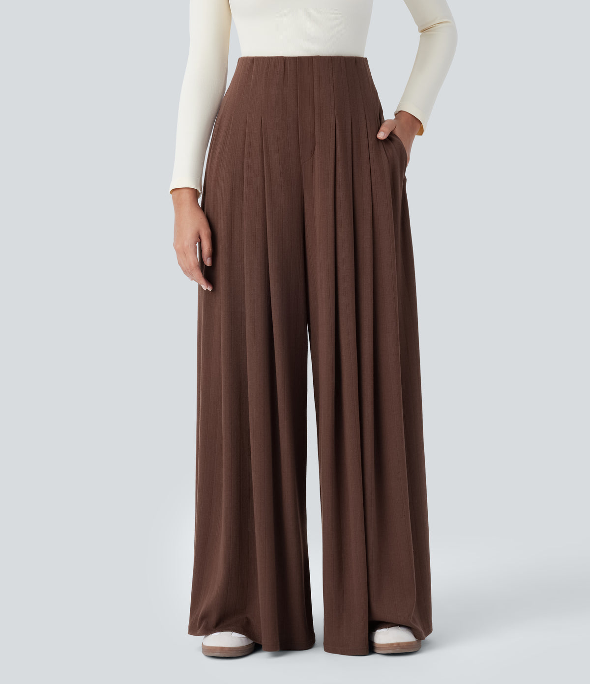 Ribbed Knit High Waisted Pleated Side Pocket Flowy Wide Leg Casual Trousers — Chocolate Fondant — view 1