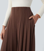 Ribbed Knit High Waisted Pleated Side Pocket Flowy Wide Leg Casual Trousers — Chocolate Fondant — view 4