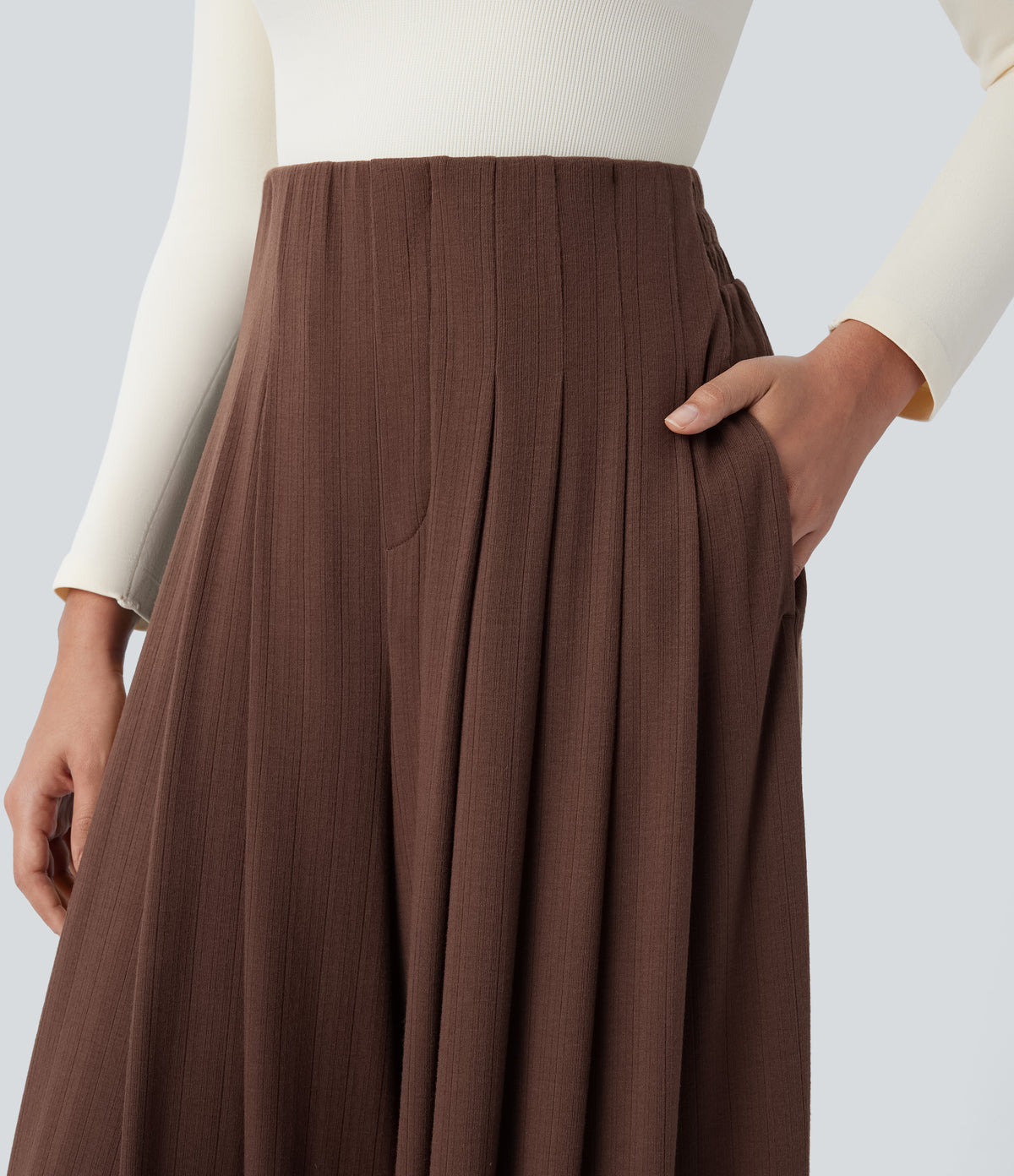 Ribbed Knit High Waisted Pleated Side Pocket Flowy Wide Leg Casual Trousers — Chocolate Fondant — view 4