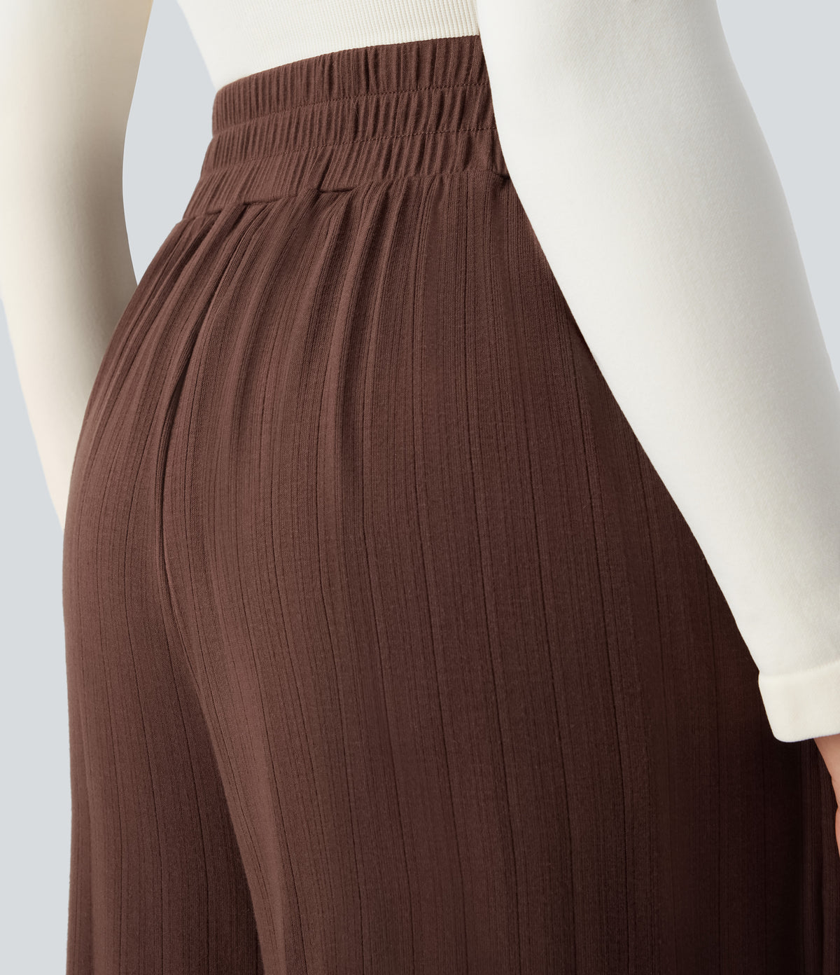 Ribbed Knit High Waisted Pleated Side Pocket Flowy Wide Leg Casual Trousers — Chocolate Fondant — view 5