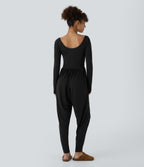 Scoop Neck Backless Side Pocket Casual Harem Jumpsuit — Black — view 3