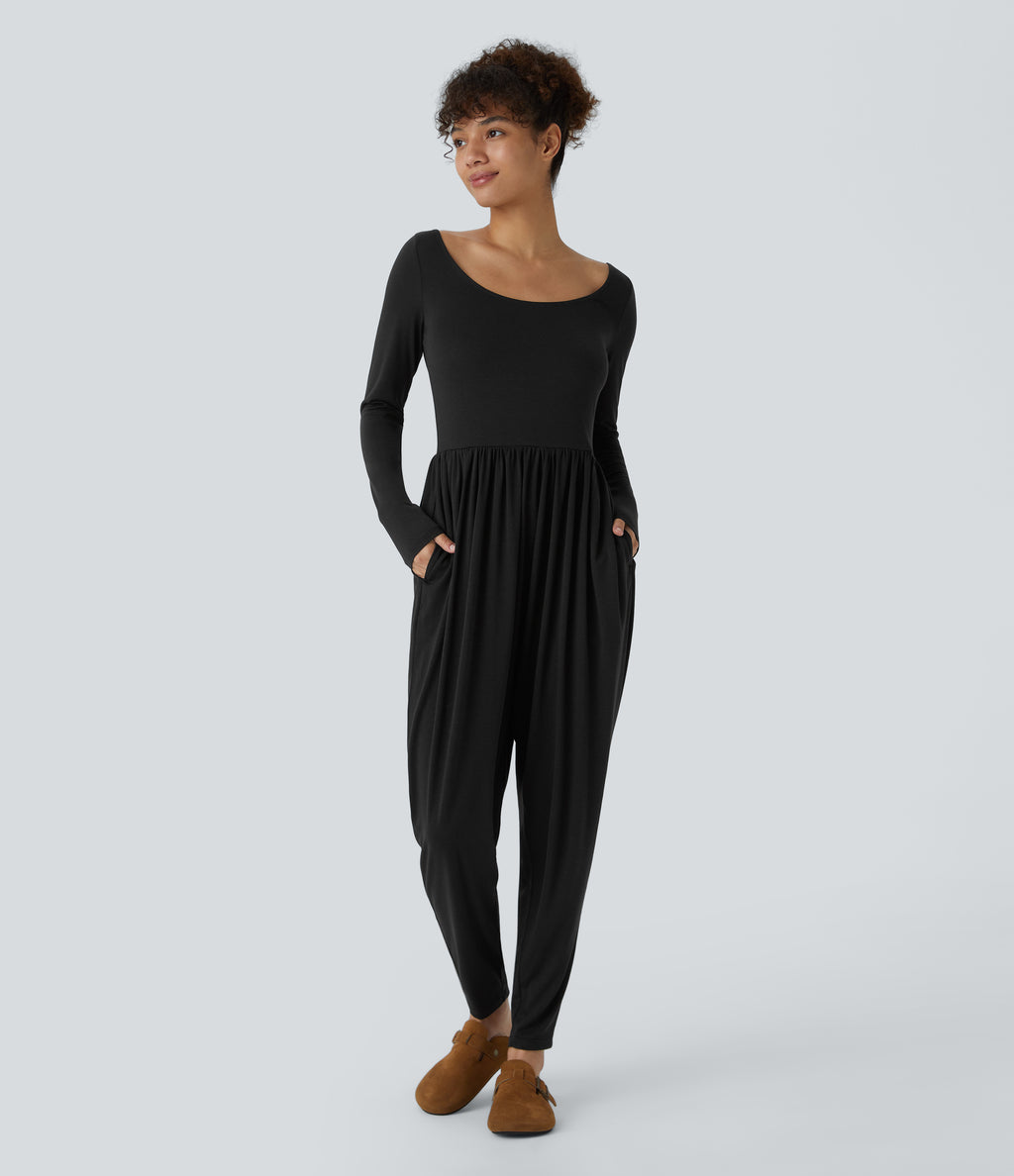 Scoop Neck Backless Side Pocket Casual Harem Jumpsuit — Black — view 2