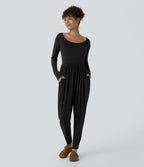 Scoop Neck Backless Side Pocket Casual Harem Jumpsuit — Black — view 2