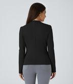 Round Neck Long Sleeve Decorative Button Slim Work Blazer — Black — view 2