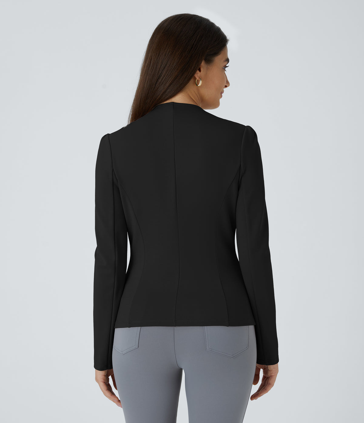 Round Neck Long Sleeve Decorative Button Slim Work Blazer — Black — view 2
