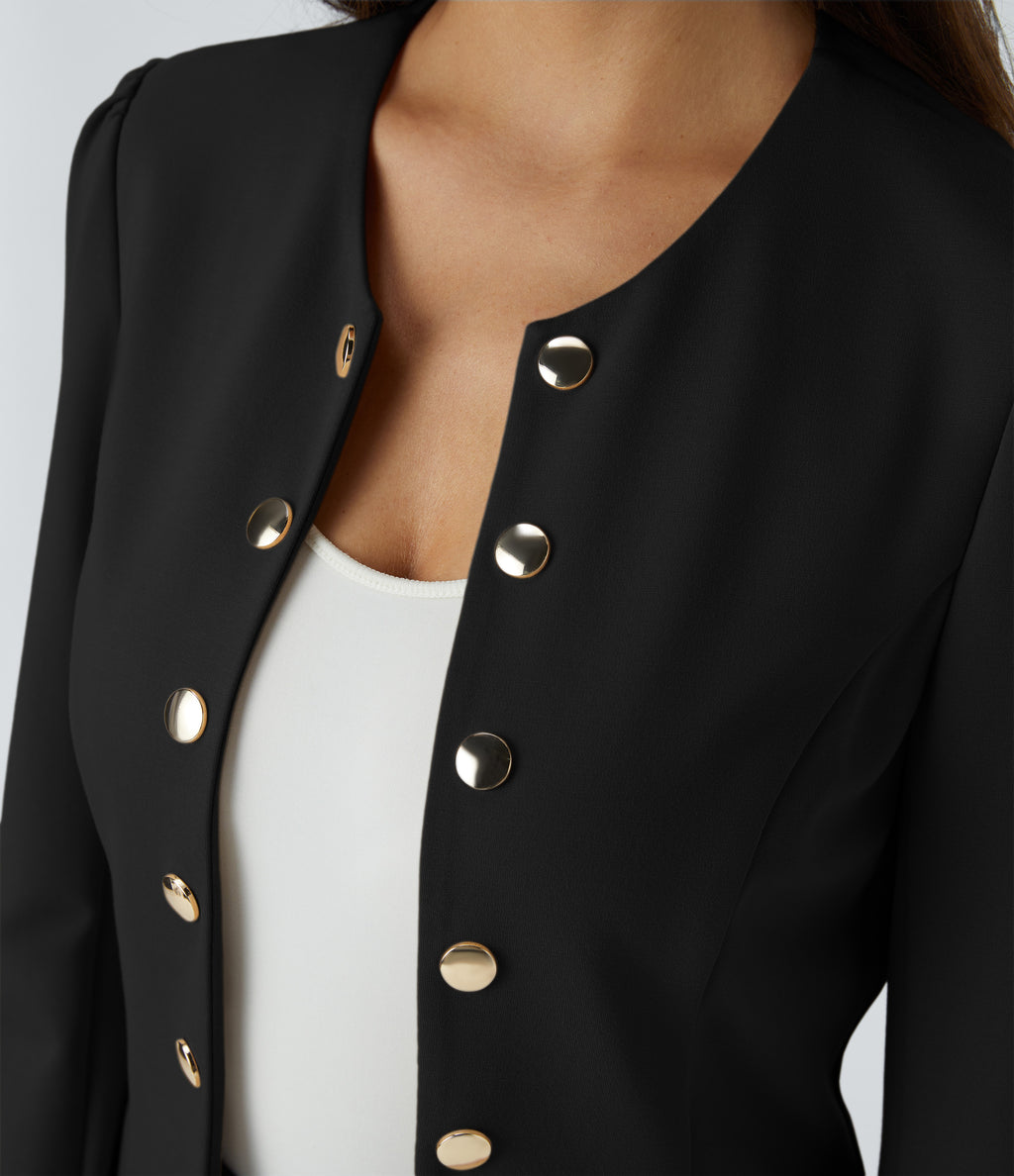 Round Neck Long Sleeve Decorative Button Slim Work Blazer — Black — view 4
