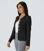 Round Neck Long Sleeve Decorative Button Slim Work Blazer — Black — view 3
