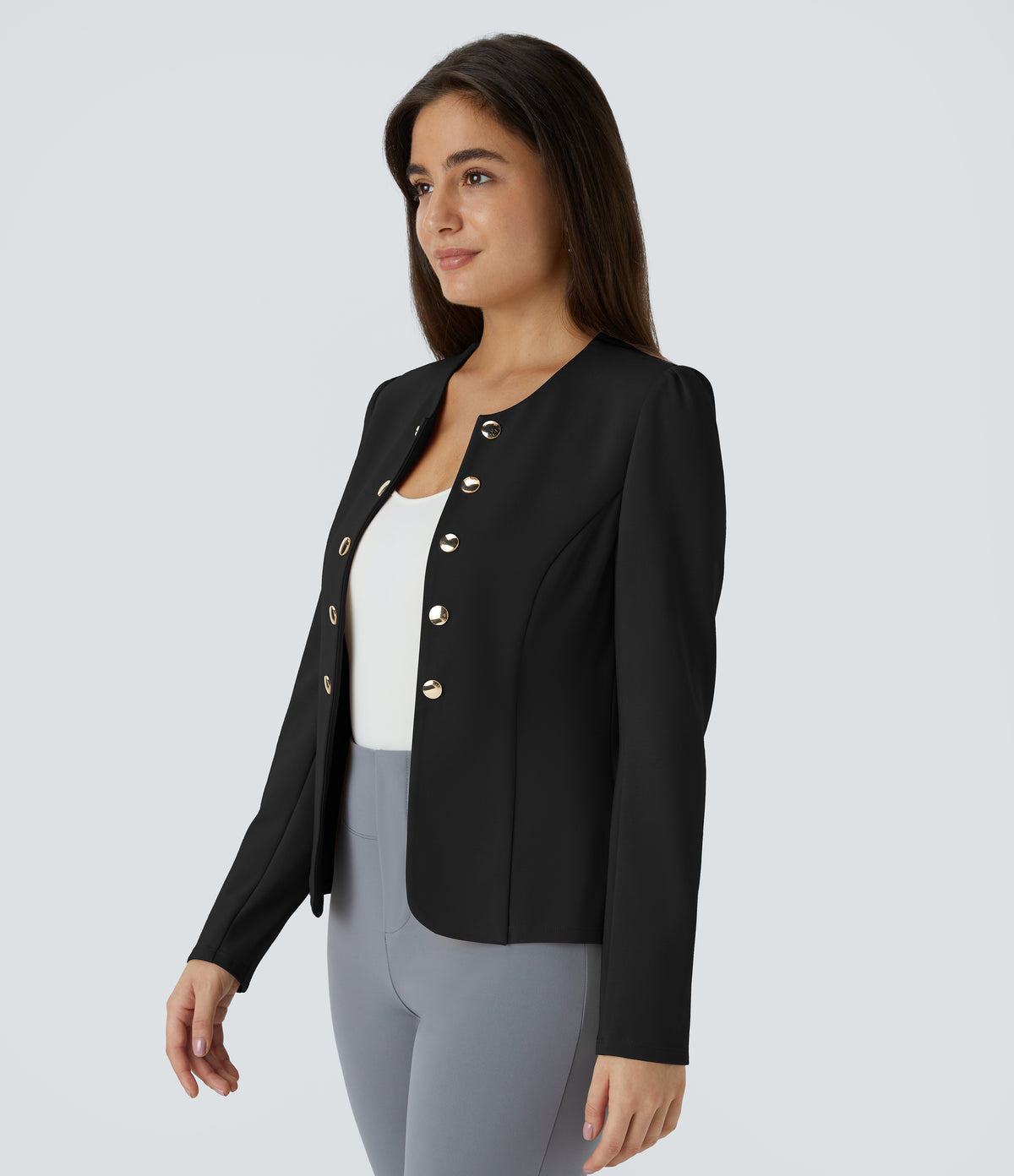 Round Neck Long Sleeve Decorative Button Slim Work Blazer — Black — view 3
