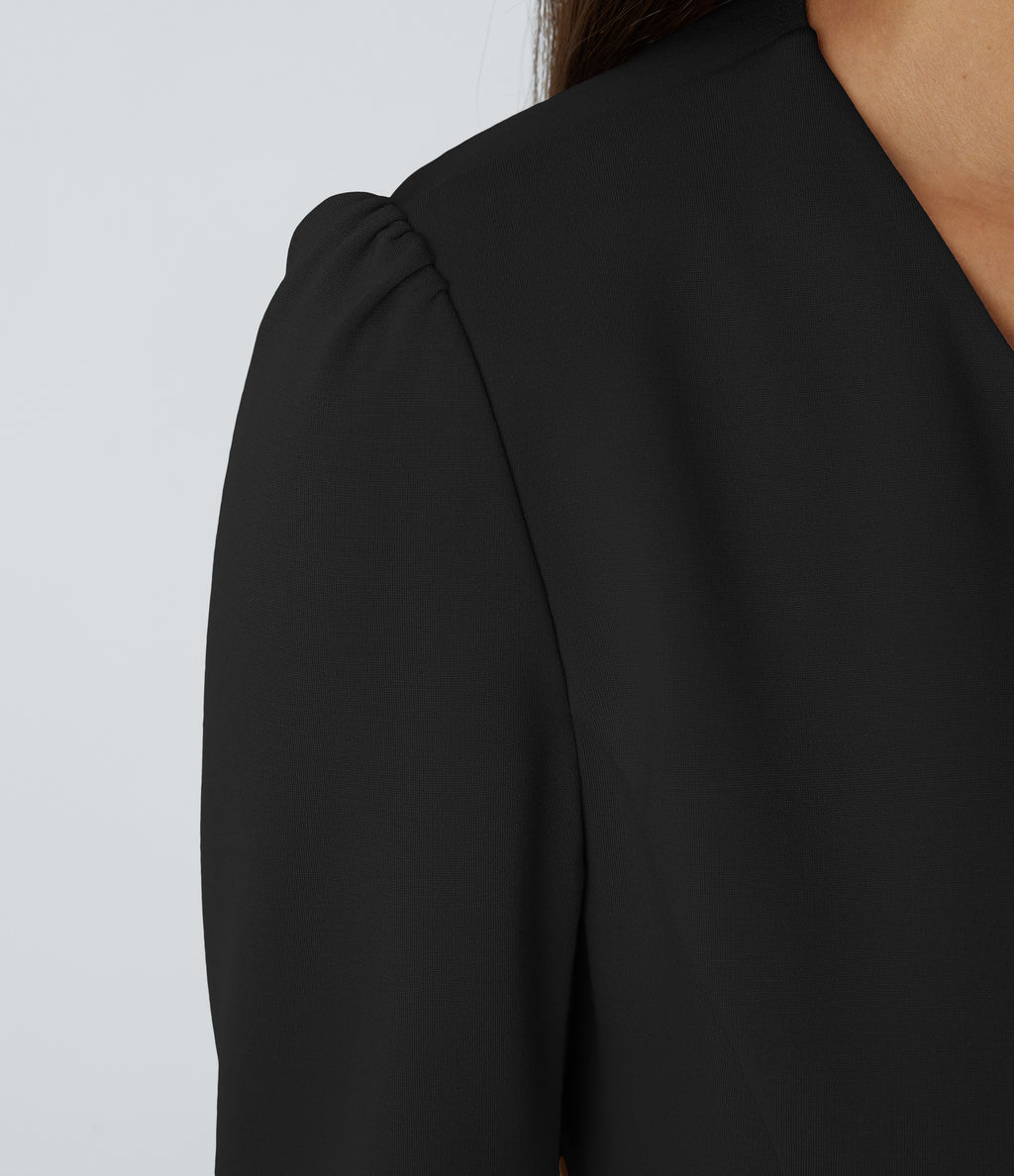 Round Neck Long Sleeve Decorative Button Slim Work Blazer — Black — view 5
