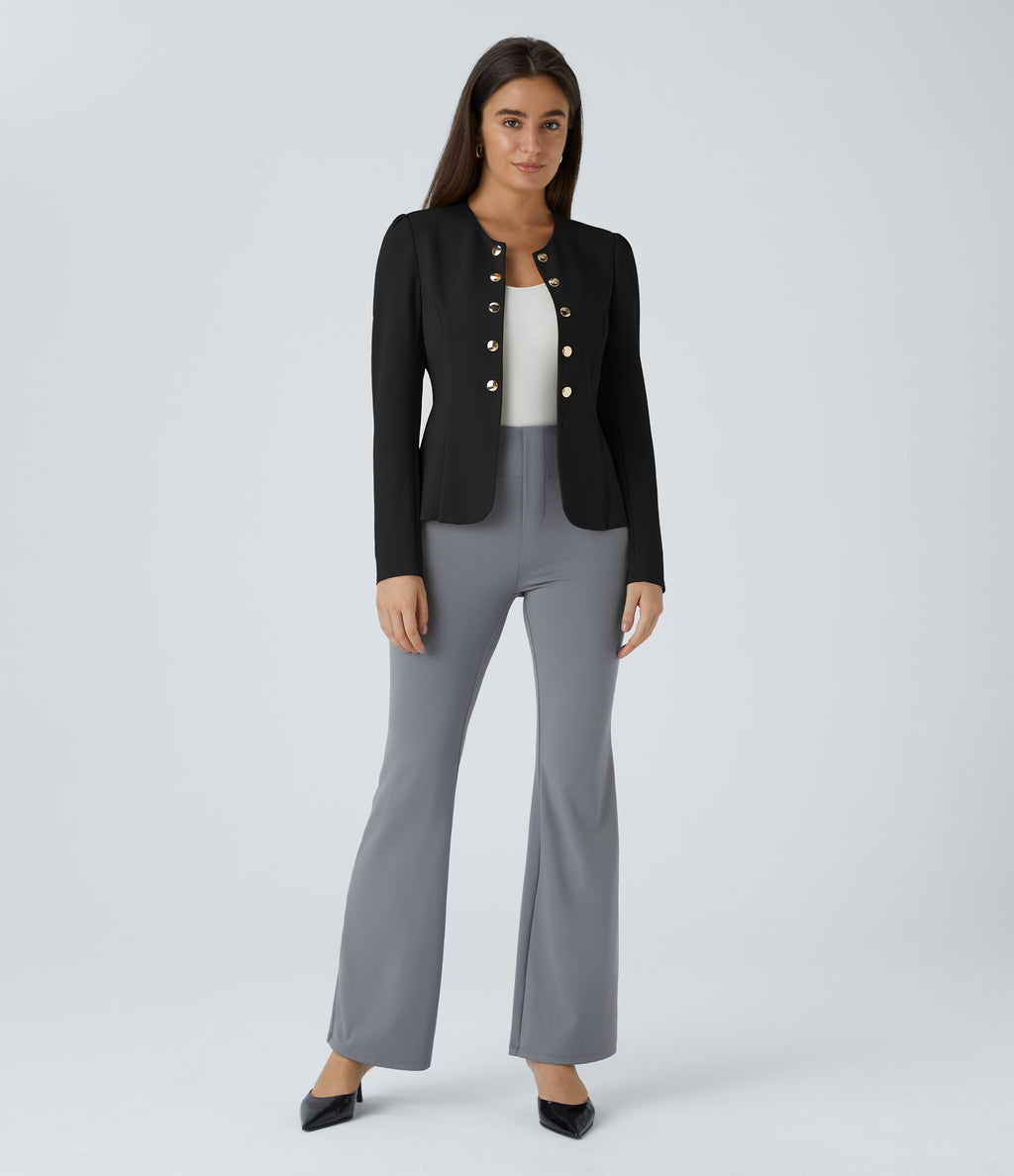 Round Neck Long Sleeve Decorative Button Slim Work Blazer — Black — view 6