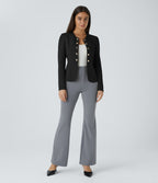 Round Neck Long Sleeve Decorative Button Slim Work Blazer — Black — view 6