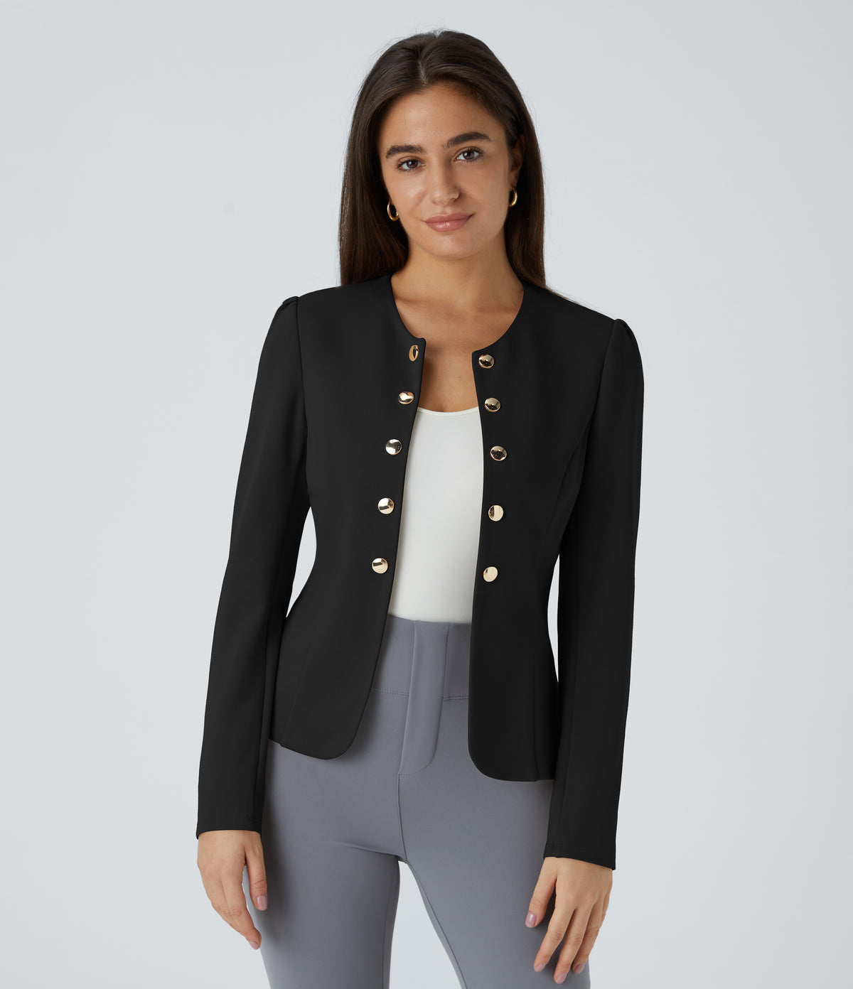 Round Neck Long Sleeve Decorative Button Slim Work Blazer — Black — view 1