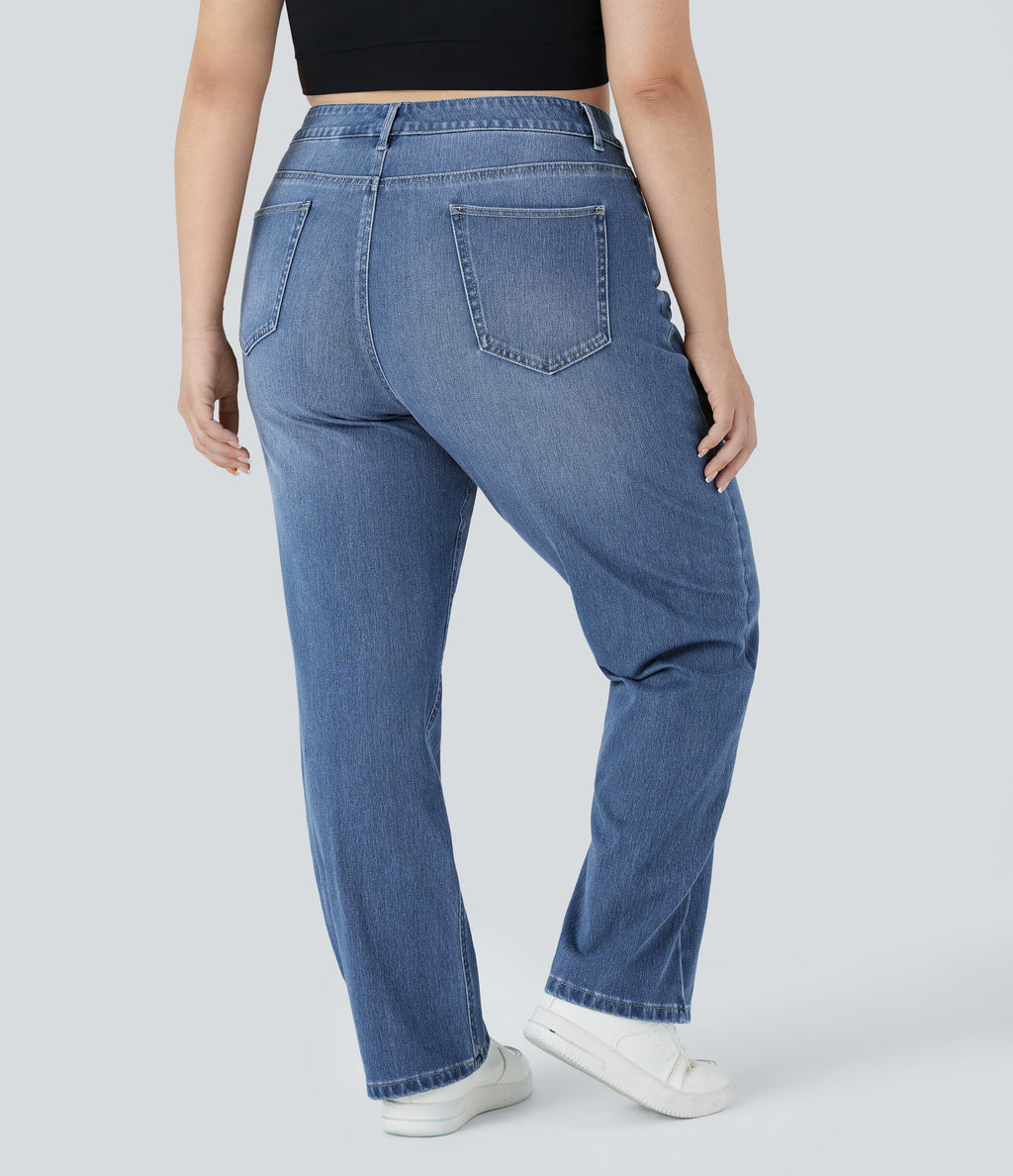 High Waisted Pockets Straight Leg Washed Casual Plus Size Jeans — Blue Spruce Denim — view 2