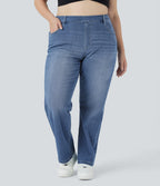 High Waisted Pockets Straight Leg Washed Casual Plus Size Jeans — Blue Spruce Denim — view 1