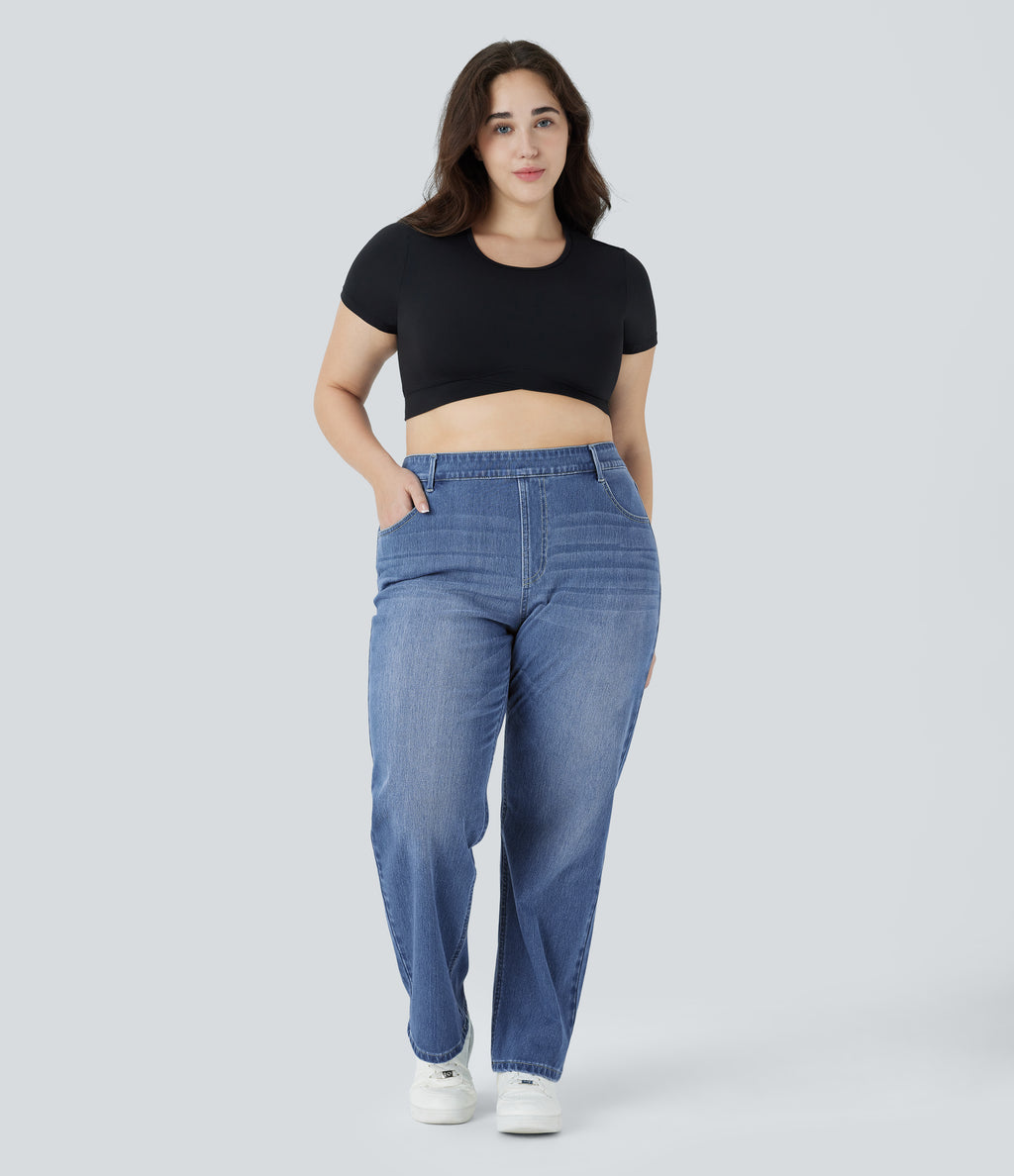 High Waisted Pockets Straight Leg Washed Casual Plus Size Jeans — Blue Spruce Denim — view 6