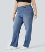 High Waisted Pockets Straight Leg Washed Casual Plus Size Jeans — Blue Spruce Denim — view 3