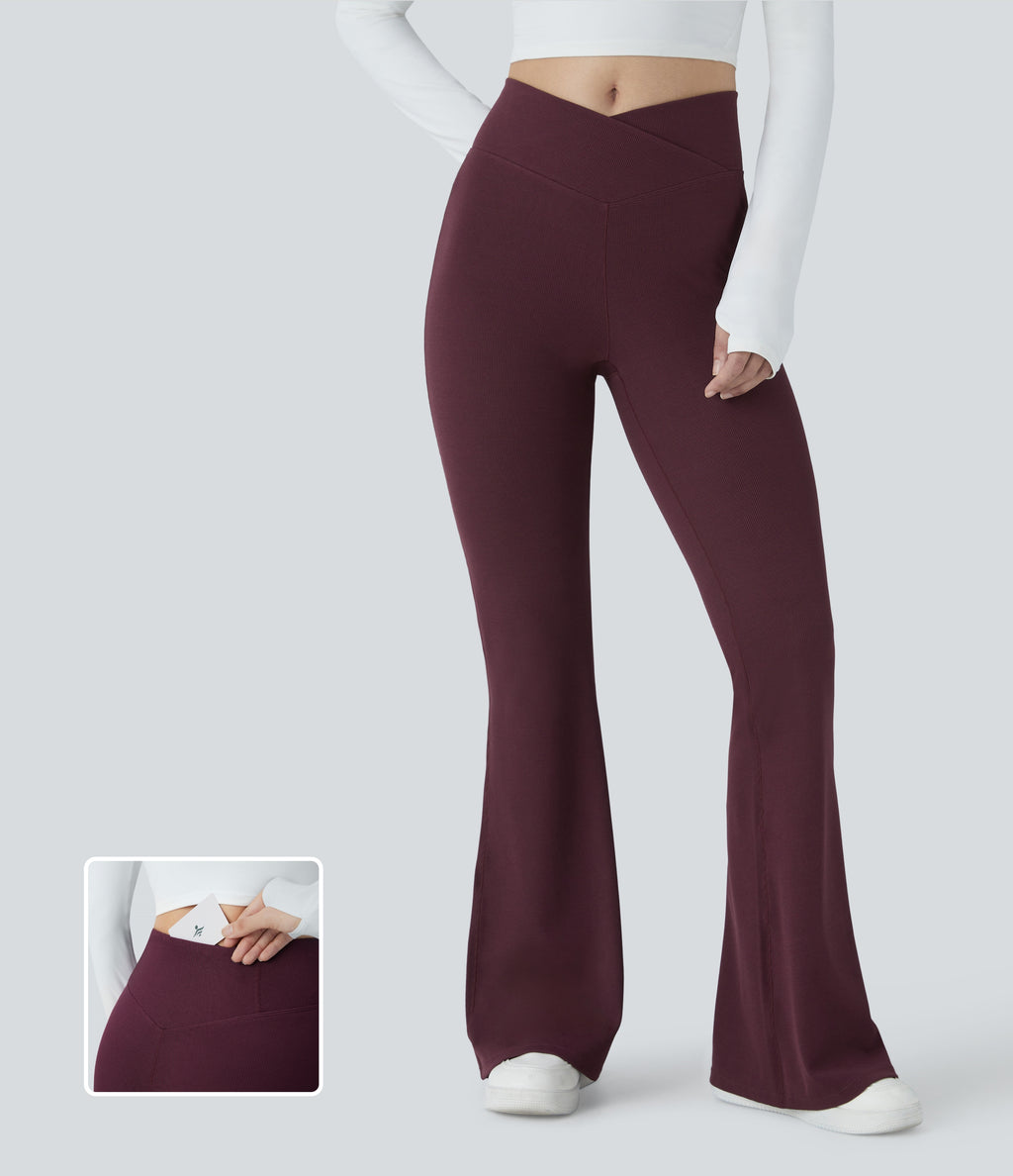 Crossover High Waisted Pocket Waffle Casual Flared Trousers — Evening Red — view 1