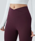 Crossover High Waisted Pocket Waffle Casual Flared Trousers — Evening Red — view 4