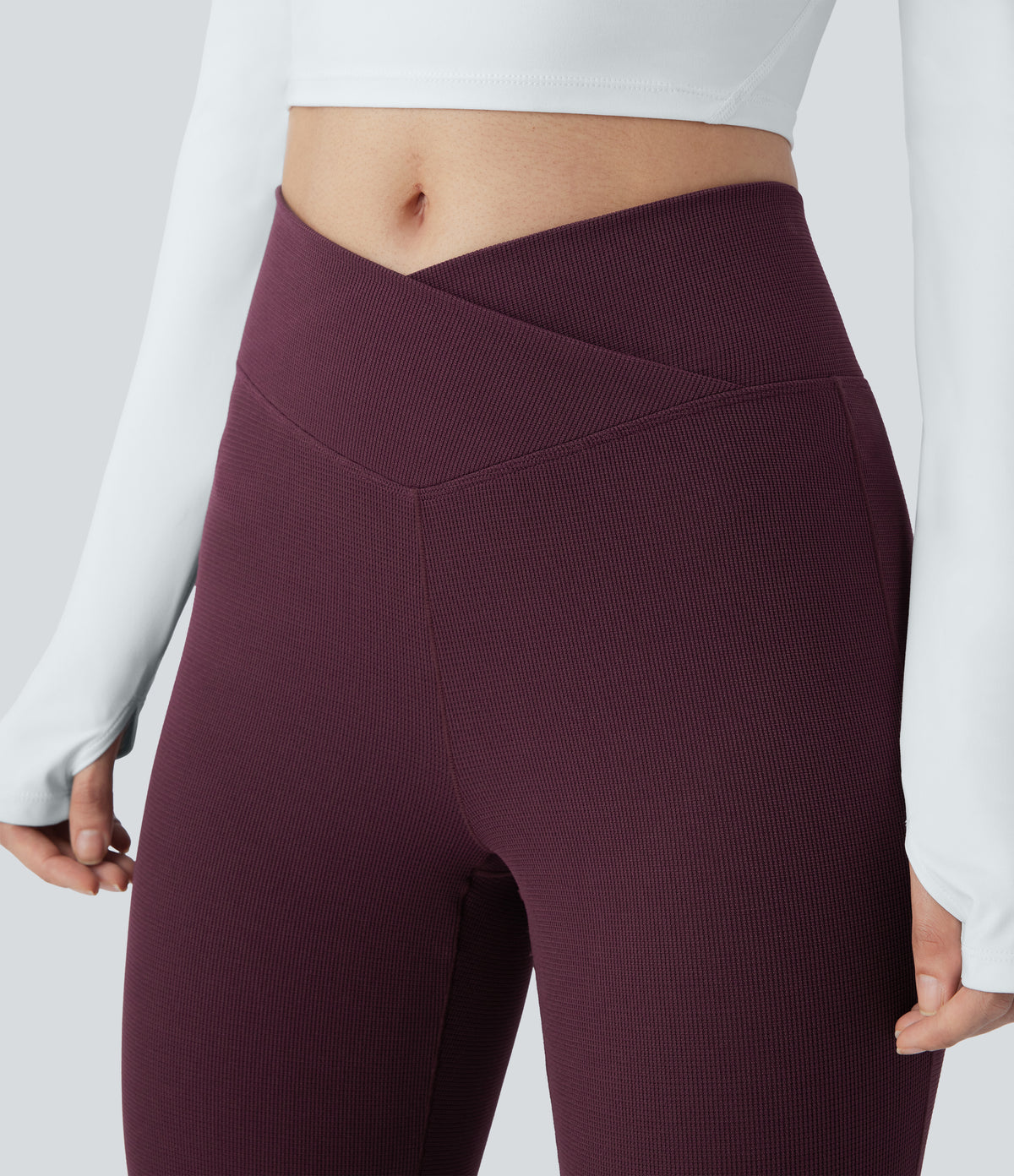 Crossover High Waisted Pocket Waffle Casual Flared Trousers — Evening Red — view 4