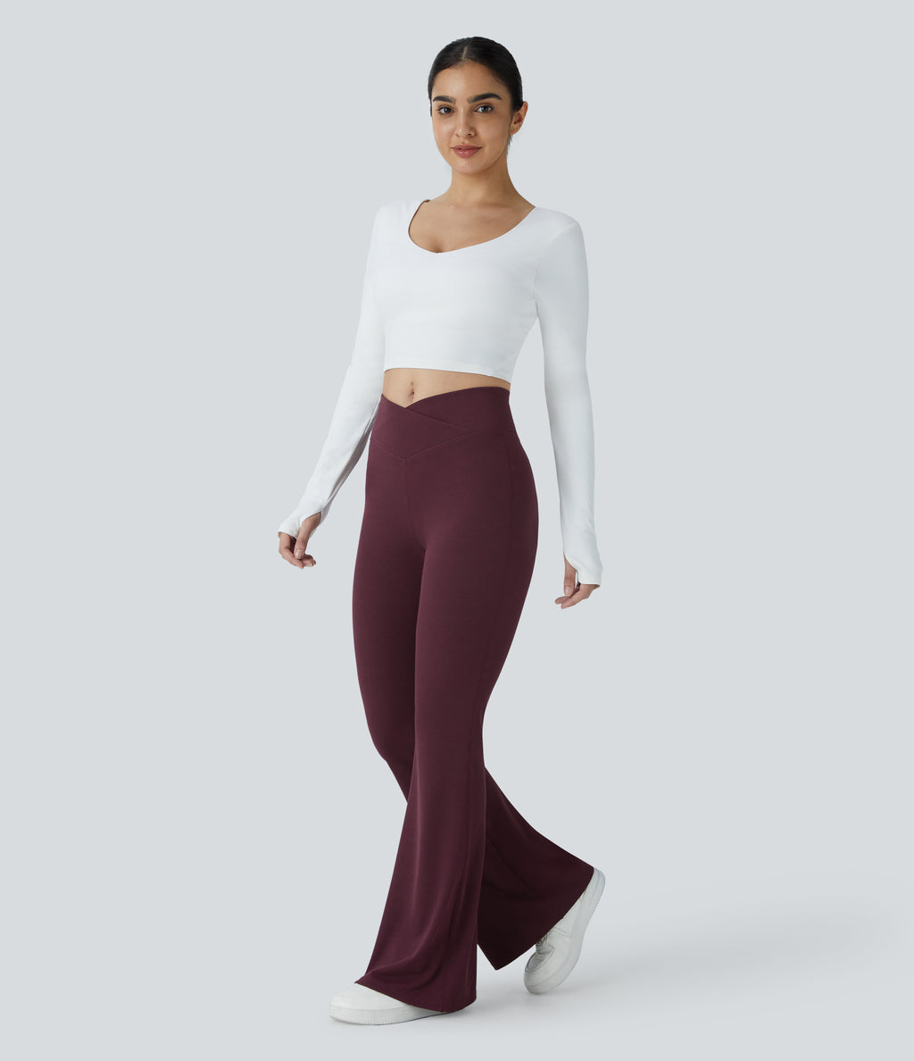 Crossover High Waisted Pocket Waffle Casual Flared Trousers — Evening Red — view 6