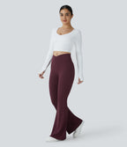 Crossover High Waisted Pocket Waffle Casual Flared Trousers — Evening Red — view 6