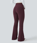 Crossover High Waisted Pocket Waffle Casual Flared Trousers — Evening Red — view 2