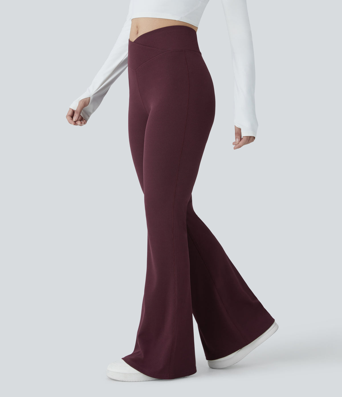 Crossover High Waisted Pocket Waffle Casual Flared Trousers — Evening Red — view 3