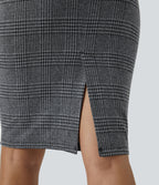 High Waisted Split Hem Houndstooth Plaid Work Pencil Skirt — Dark Gray Plaid — view 5