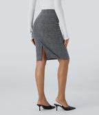 High Waisted Split Hem Houndstooth Plaid Work Pencil Skirt — Dark Gray Plaid — view 2