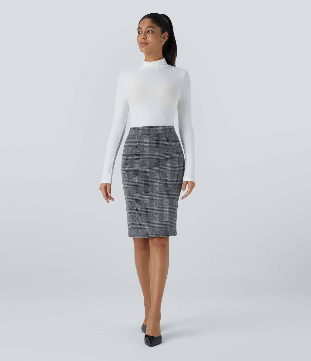 High Waisted Split Hem Houndstooth Plaid Work Pencil Skirt — Dark Gray Plaid — view 6