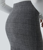 High Waisted Split Hem Houndstooth Plaid Work Pencil Skirt — Dark Gray Plaid — view 4