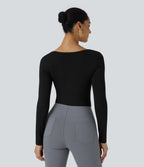 U Neck Long Sleeve Snap Button Skinny Work Bodysuit — Black — view 3