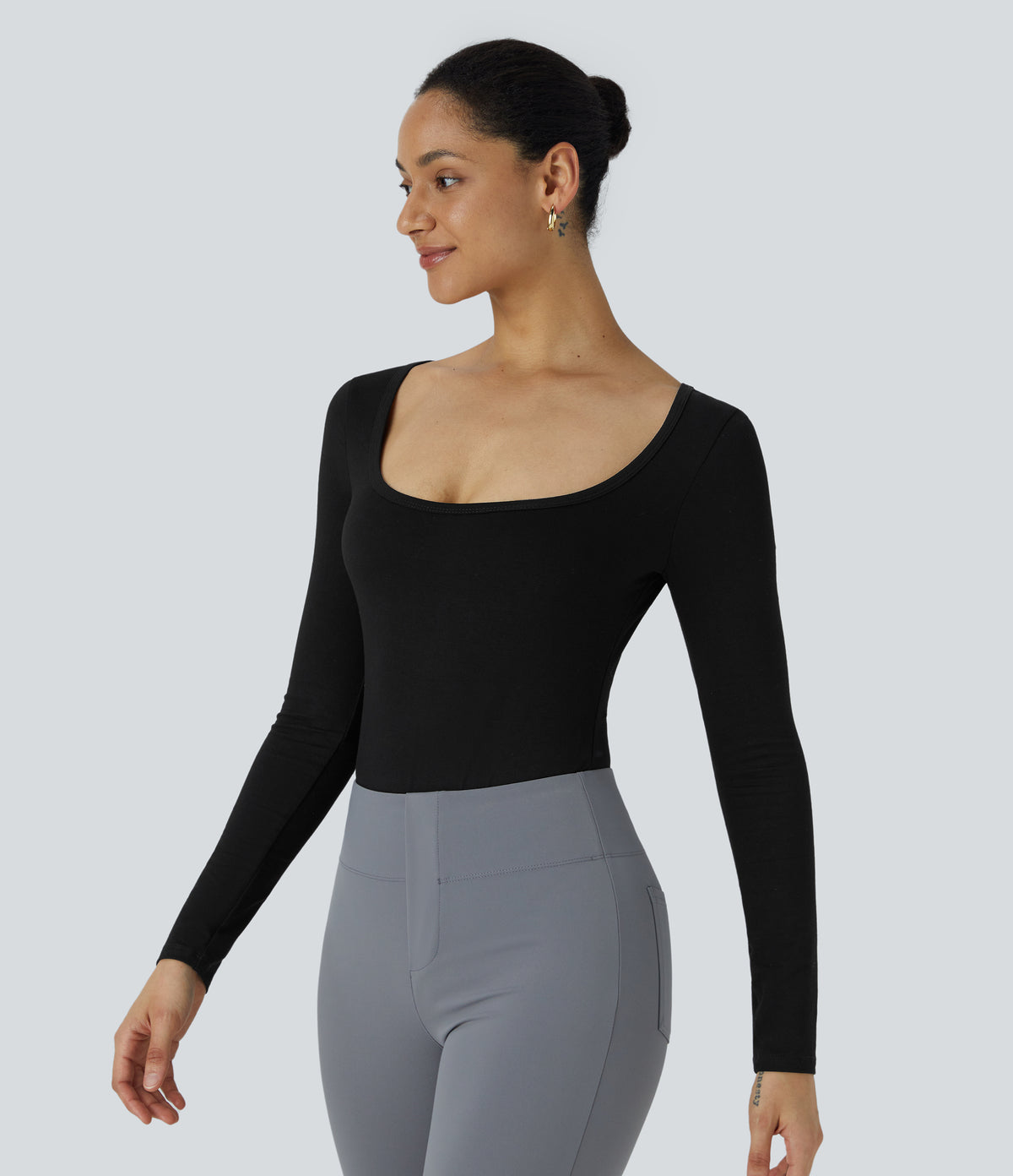 U Neck Long Sleeve Snap Button Skinny Work Bodysuit — Black — view 4