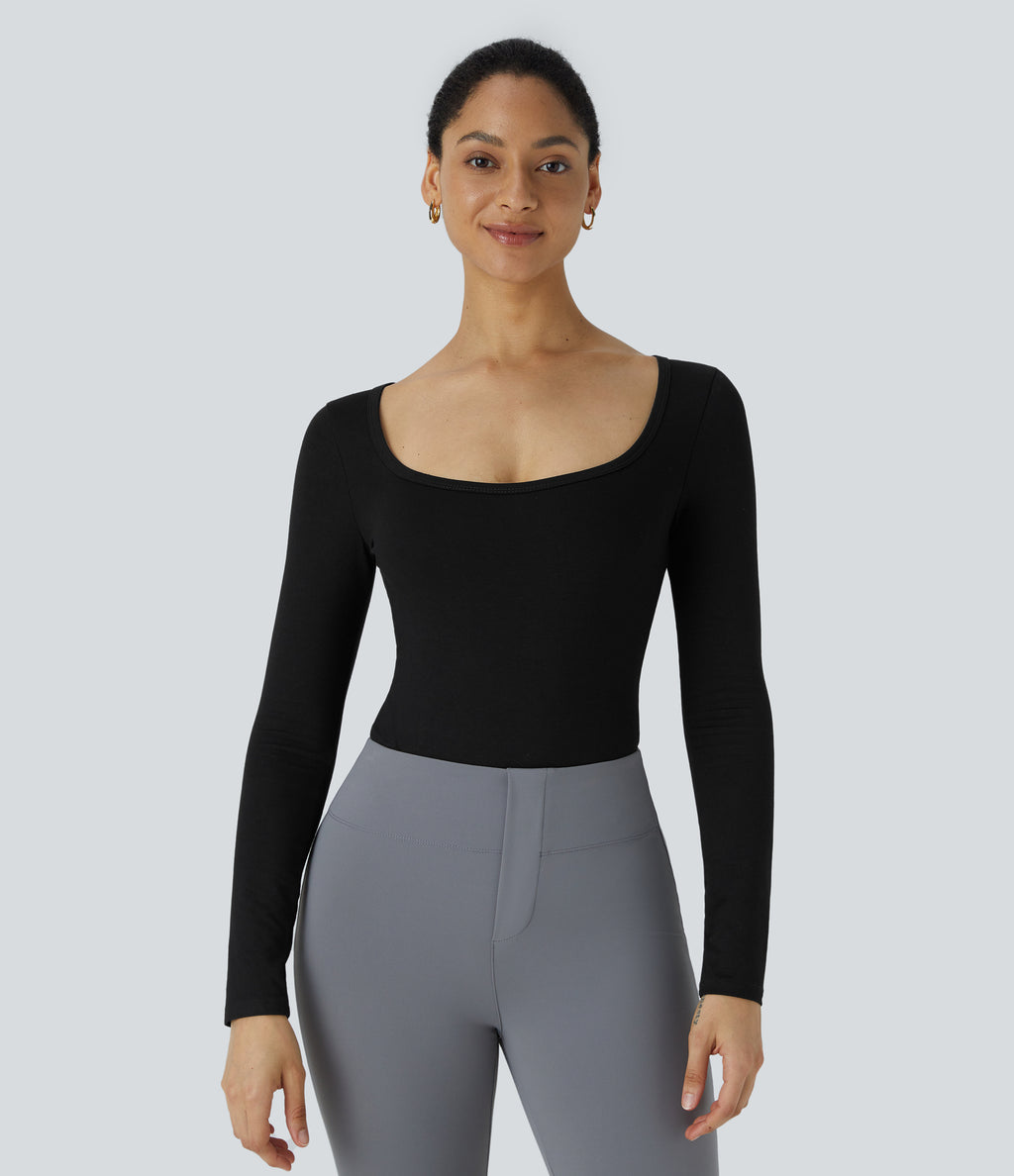 U Neck Long Sleeve Snap Button Skinny Work Bodysuit — Black — view 2