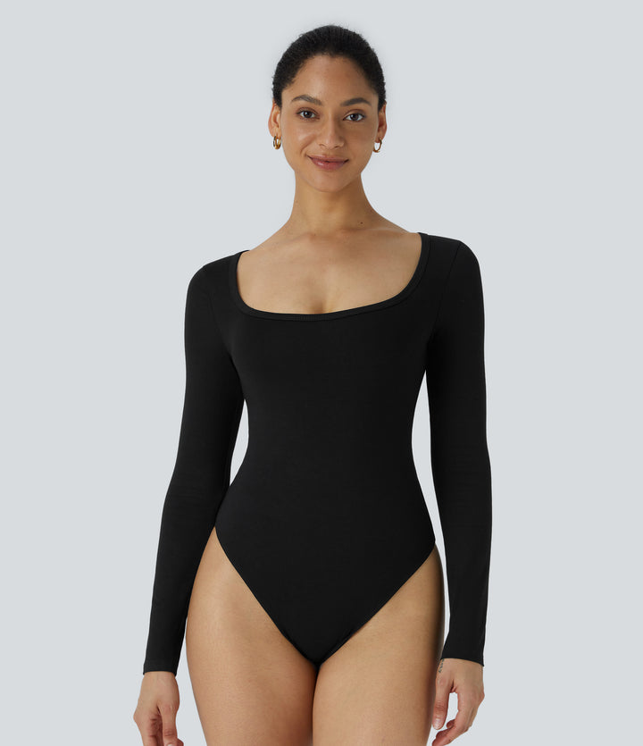 U Neck Long Sleeve Snap Button Skinny Work Bodysuit — Black — view 1