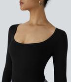 U Neck Long Sleeve Snap Button Skinny Work Bodysuit — Black — view 5