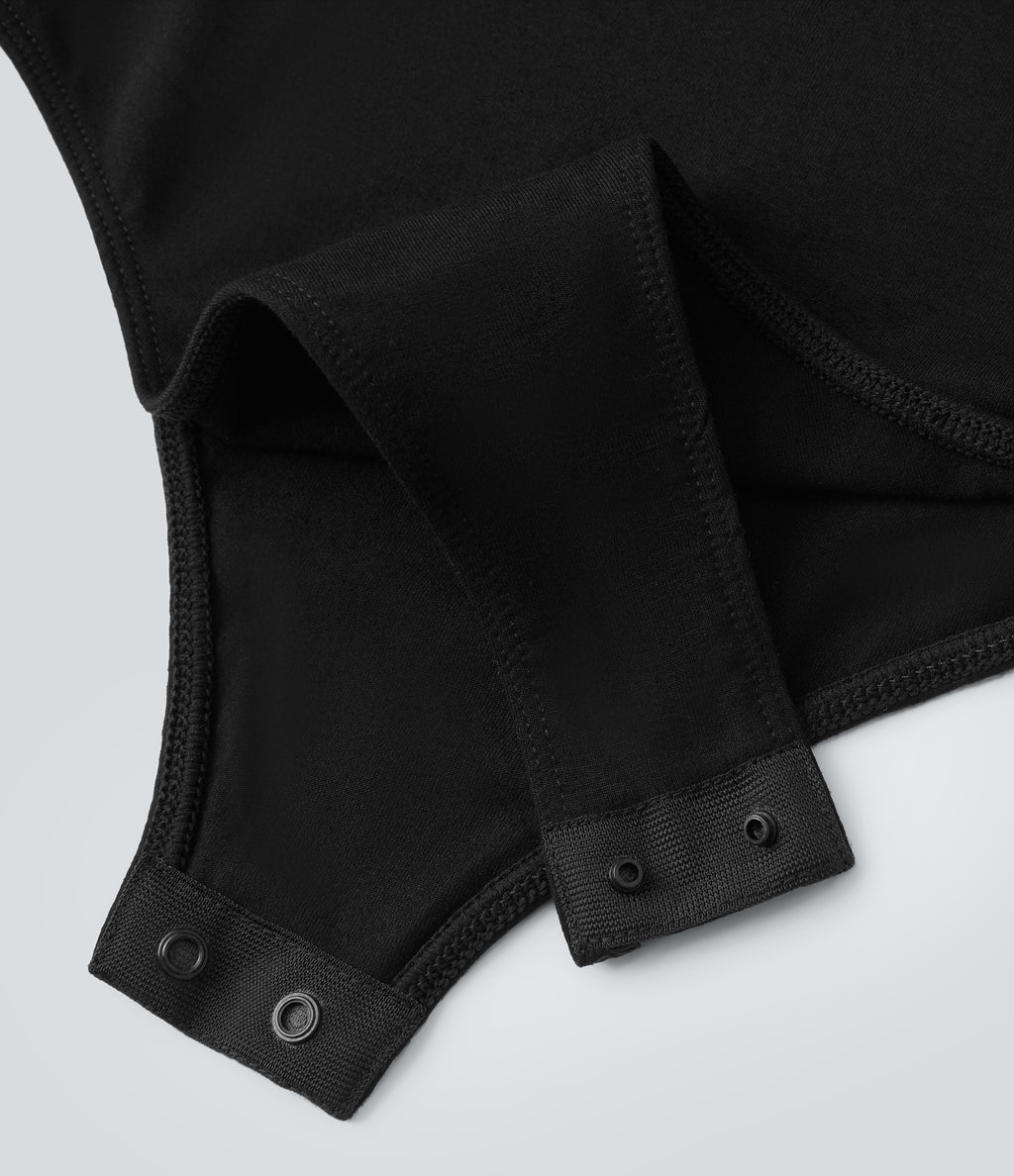 U Neck Long Sleeve Snap Button Skinny Work Bodysuit — Black — view 6