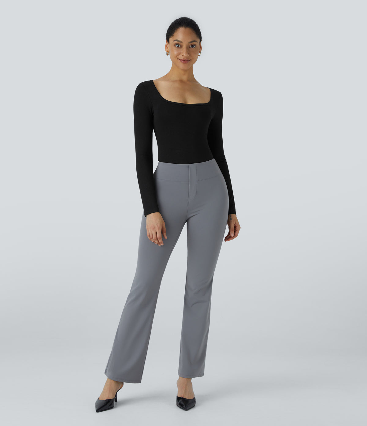 U Neck Long Sleeve Snap Button Skinny Work Bodysuit — Black — view 7