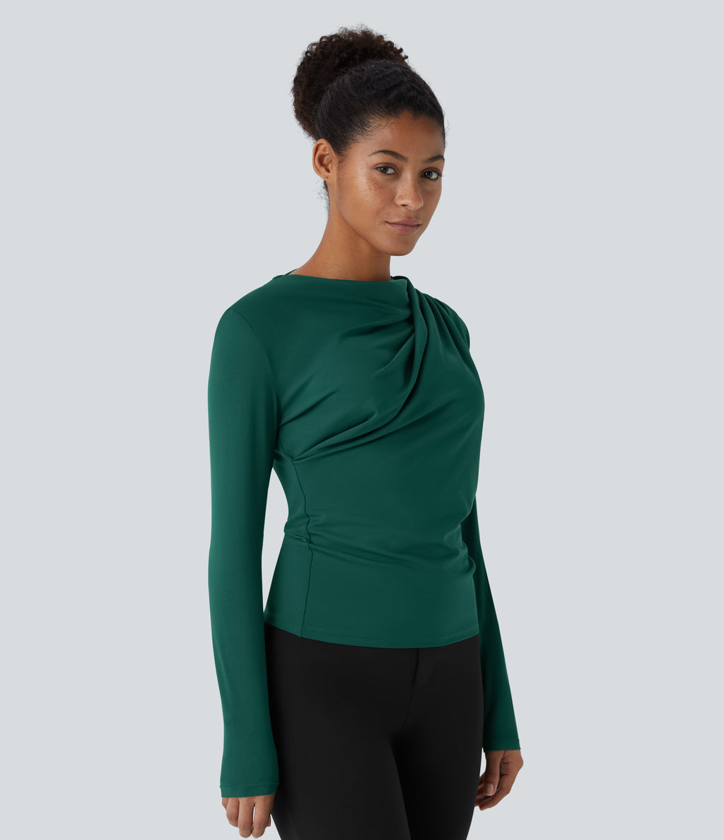 Cowl Neck Ruched Long Sleeve Slim Work Top — Rain Forest — view 3