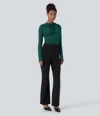 Cowl Neck Ruched Long Sleeve Slim Work Top — Rain Forest — view 6