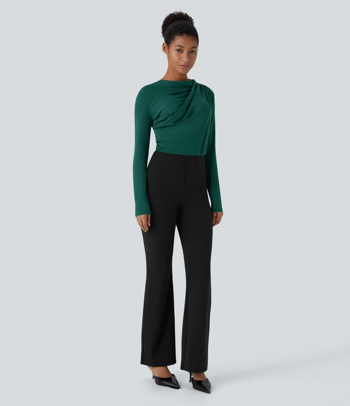 Cowl Neck Ruched Long Sleeve Slim Work Top — Rain Forest — view 6