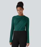Cowl Neck Ruched Long Sleeve Slim Work Top — Rain Forest — view 1